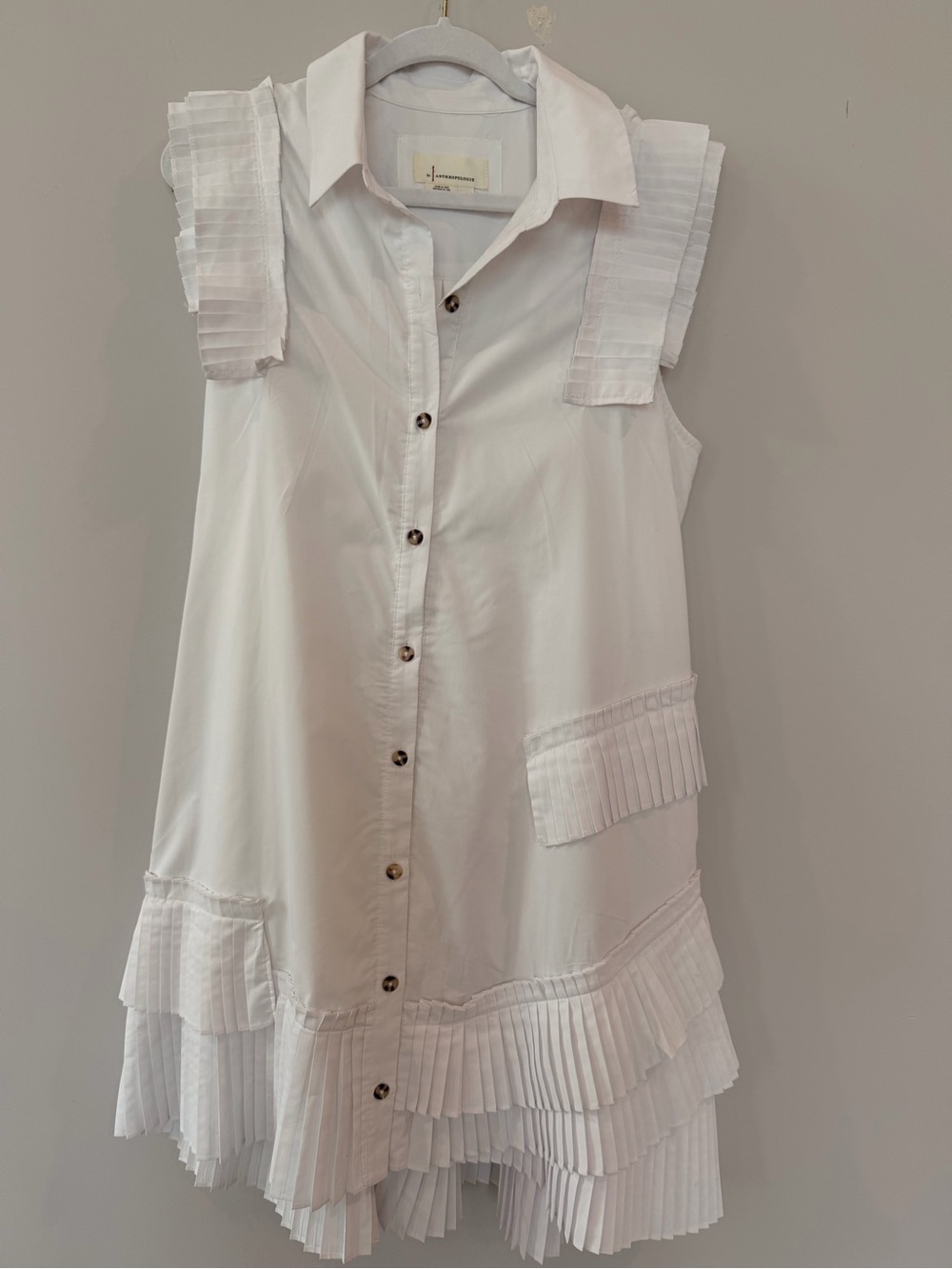 Anthropologie White Pleated-Trim Shirt Dress